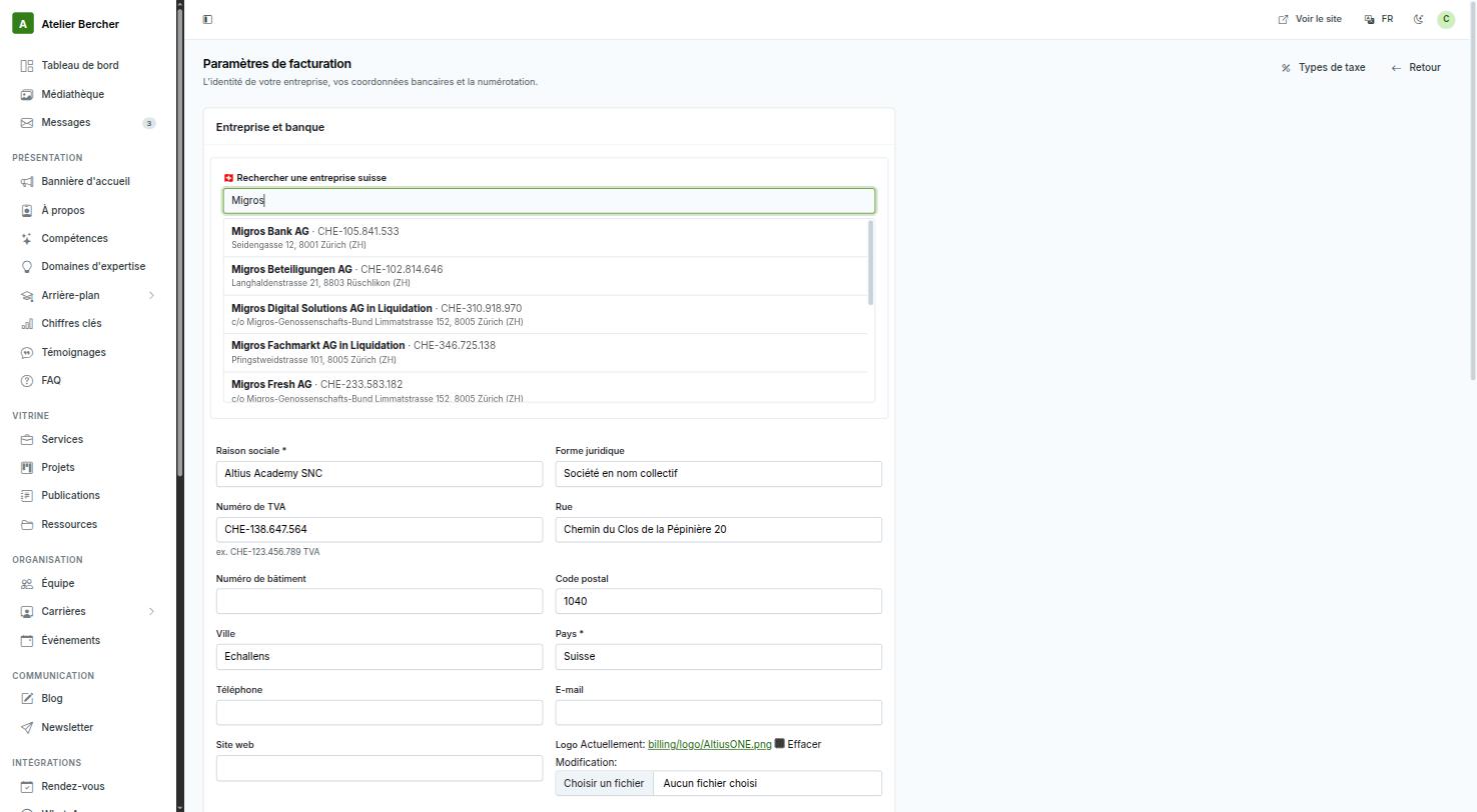 The invoicing settings: a Swiss company search returning several companies with their UID number and address.